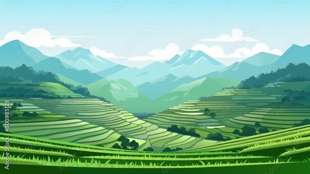 Morning Glow on Asian Rice Field Terraces Illustration Morning Glow on Asian Rice Field Terraces Illustration