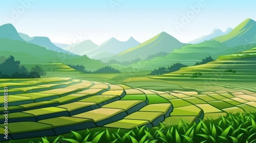 Morning Glow on Asian Rice Field Terraces Illustration