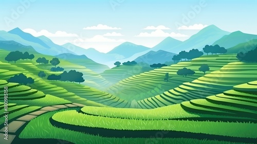 Morning Glow on Asian Rice Field Terraces Illustration © chesleatsz