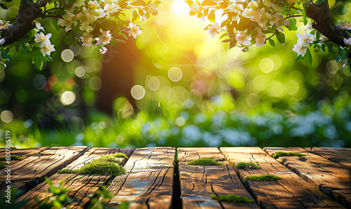 Bright Spring Garden Scene: Wooden Table, Lush Green Foliage, Blooming Branches, Sunlit Nature Outdoors - Ideal for Springtime Concepts, Gardening, Nature photo