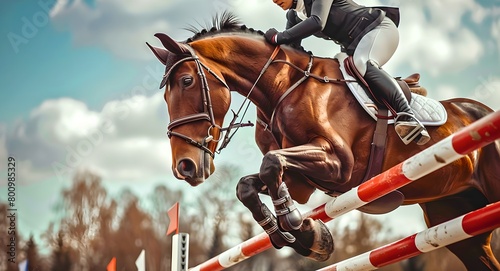 Equestrian athlete in action, jumping a horse over obstacle. Capturing motion and skill in sports photography. Horse show jumping in perfect form. AI © Irina Ukrainets