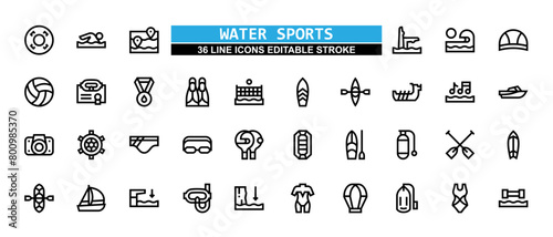 36 Water Sports Line Icons Set Pack Editable Stroke Vector Illustration.