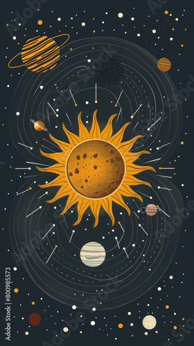 Graphic Design: Stylized Sun Icon Surrounding Planets, International Sun Day, the importance of solar energy, Sun’s contributions to life on Earth.