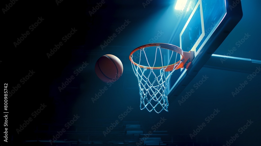 Dynamic Basketball Shot at Night Under Illuminated Hoop. Sports Action Freeze Frame, Ball Approaching Basket. Urban Style Image Perfect for Ads and Posters. AI