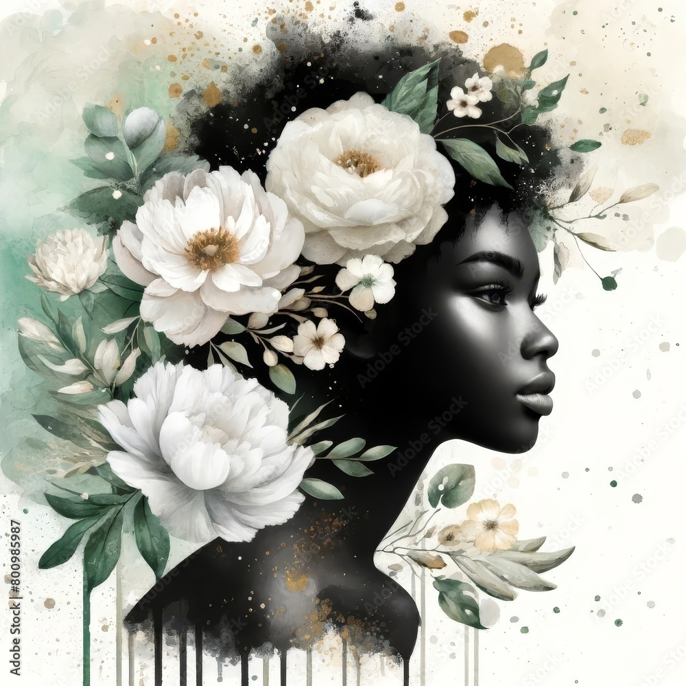 Naklejka premium A painting of a black woman with white flowers in her hair, Portrait African woman