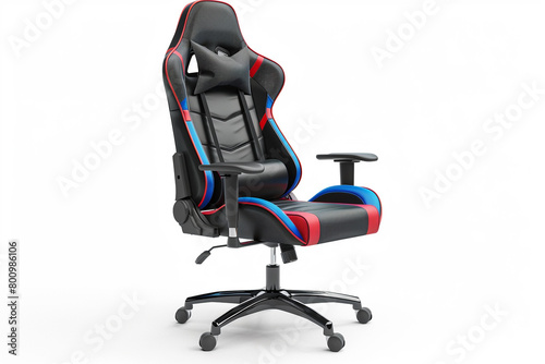 Ergonomic gaming swivel chair with a high back and colorful accents, isolated on solid white background.