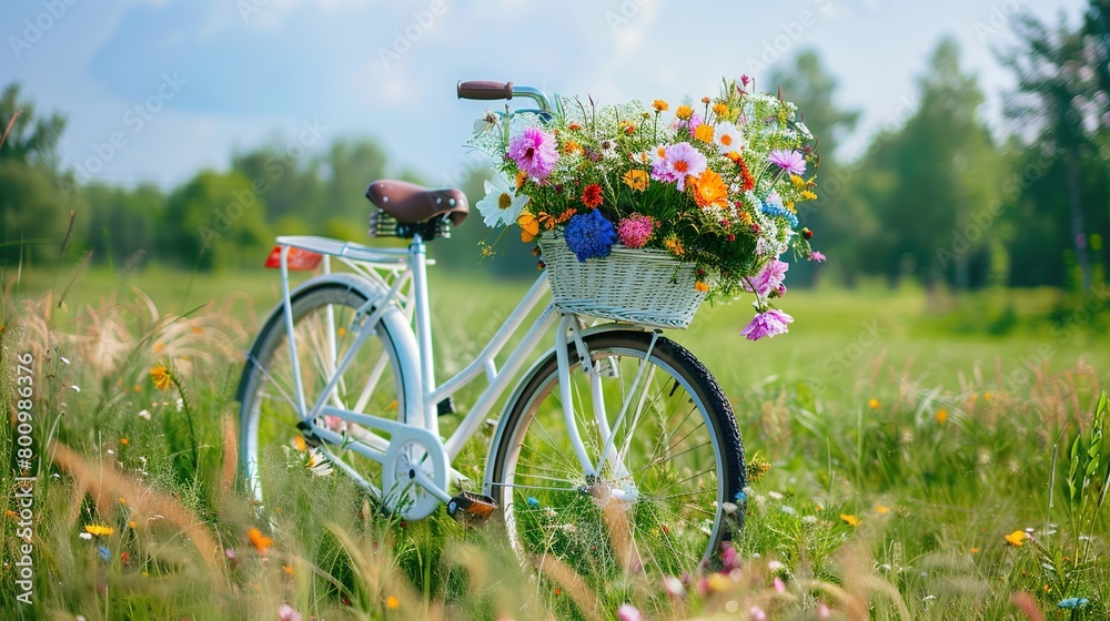 There is a bicycle with a basket full of flowers sitting in a grassy field on a sunny day.