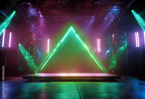 'Neon Lasers Sci Podium Background Lights Green Showcase Triangle Retro Stage Empty Fog Garage Night Fi Underground Spot Cyber 3D Club Blue Smoke Room Glowing poduim three-dimensional abstract arch'