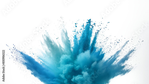 A turquoise and light blue explosion smoke of holi paint color powder isolated on transparent or white background.
