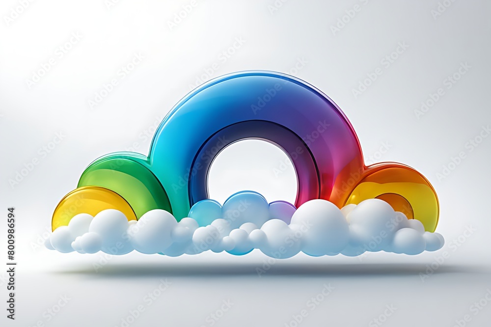 Obraz premium Abstract rainbow and clouds isolated on white background. Cartoon 3D illustration, gradient. Glossy surface
