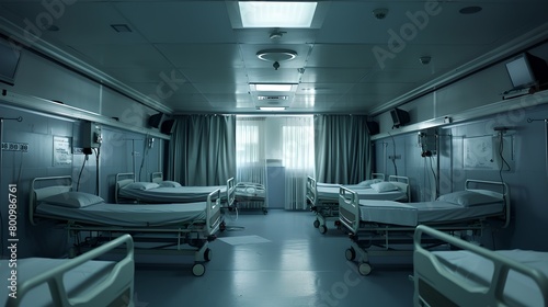 Quiet hospital room with empty beds, sterile medical environment. Image depicts healthcare facility. Clean and organized hospital ward. AI