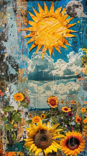 "Sunburst Mixed Media Collage", International Sun Day, the importance of solar energy, Sun’s contributions to life on Earth.
