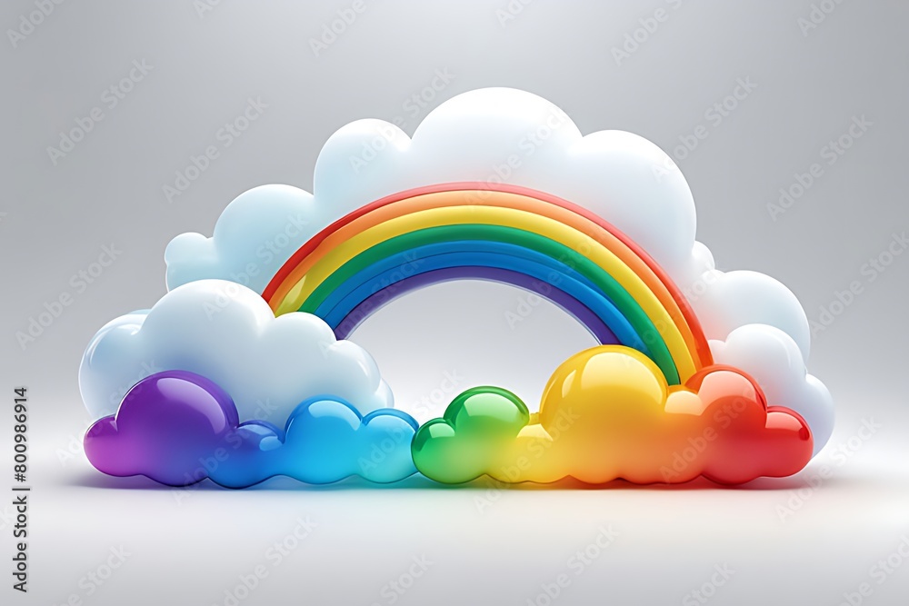Obraz premium Abstract rainbow and colorful clouds isolated on white background. Textured cartoon 3D illustration, gradient. Glossy surface