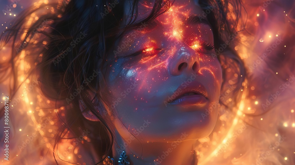 The AI-generated image shows a woman's face with her eyes closed. Her face is covered in glowing stars. The background is a dark blue. The AI-generated image shows a woman's face with her eyes closed. Her face is covered in glowing stars. The background is a dark blue.