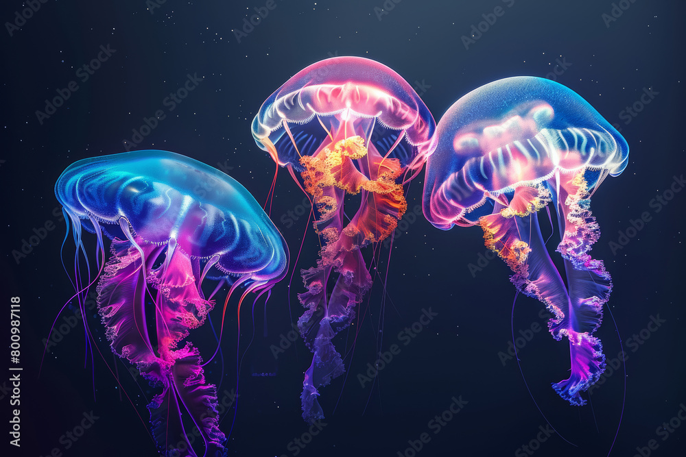 Neon Glowing Jellyfish on Dark Background Neon Glowing Jellyfish on Dark Background