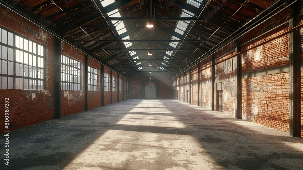 A hyper-realistic view of an industrial loft-style empty old warehouse interior, showcasing the rustic charm of brick walls, the ruggedness of concrete floors, AI Generative