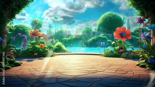 empty stage cartoon background landscape of botanical garden, harmony with windy clouds. seamless looping 4K time-lapse virtual video animation background photo