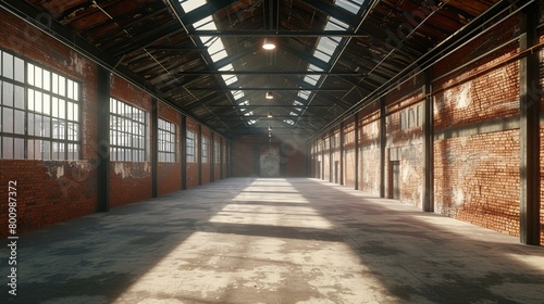 A hyper-realistic view of an industrial loft-style empty old warehouse interior, showcasing the rustic charm of brick walls, the ruggedness of concrete floors, AI Generative