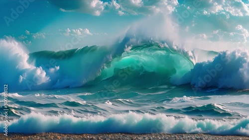 Ocean's Rhythmic Dance: Serenity Meets Vigor. Concept Ocean Photography, Waves Movement, Coastal Landscapes, Seascapes, Natural Light Reflections photo