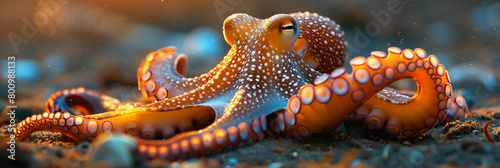 An octopus crawling across the sand, Octopus and coral reef in the sea  © Baloch