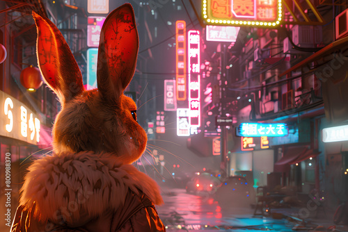 unique cute bunny in cyberpunk street