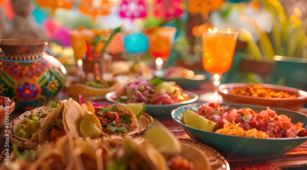 Traditional Mexican Feast, Fresh Tacos, Salsa and Chips, Cinco De Mayo, Vibrant Festive Table Decor