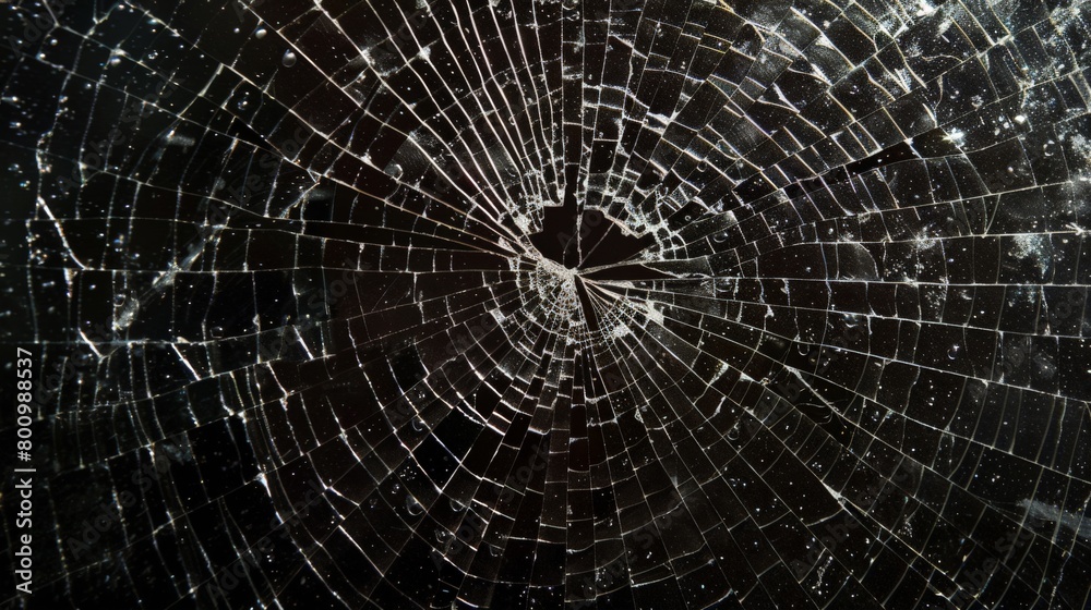 Fototapeta premium Abstract pattern of spider-web cracks emanating from a central hole in a pane of glass, showcased against a deep black backdrop