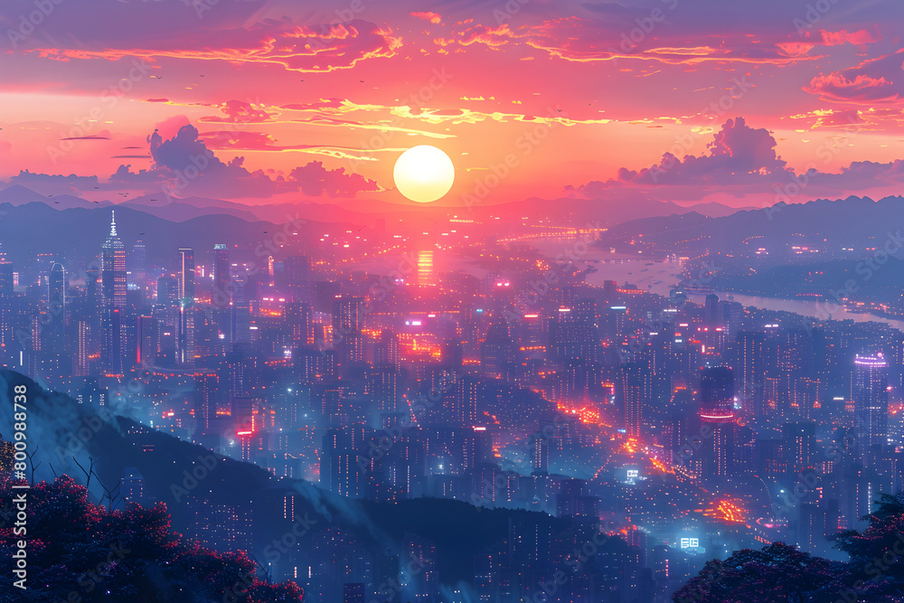 Dreamlike Sunset Cityscape in Anime Style