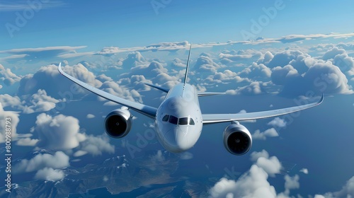 Commercial aircraft mid-flight among clouds, clear blue sky. Modern air travel, jetliner high in the sky. Front view of airplane, travel concept. Aviation industry image. AI photo