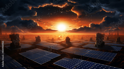 solar energy panels on the ground at sunset