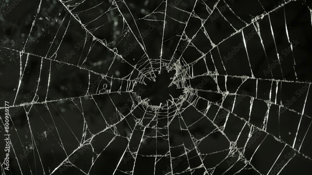 Abstract pattern of spider-web cracks emanating from a central hole in a pane of glass, showcased against a deep black backdrop Abstract pattern of spider-web cracks emanating from a central hole in a pane of glass, showcased against a deep black backdrop