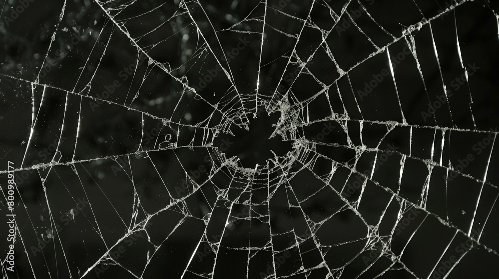 Abstract pattern of spider-web cracks emanating from a central hole in a pane of glass, showcased against a deep black backdrop