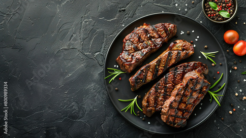 Photo of grilled steaks on a plate over a dark background with copy space, top view