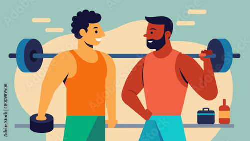 In a gym two men spot each other while lifting weights simultaneously discussing the importance of physical fitness and a healthy mind..