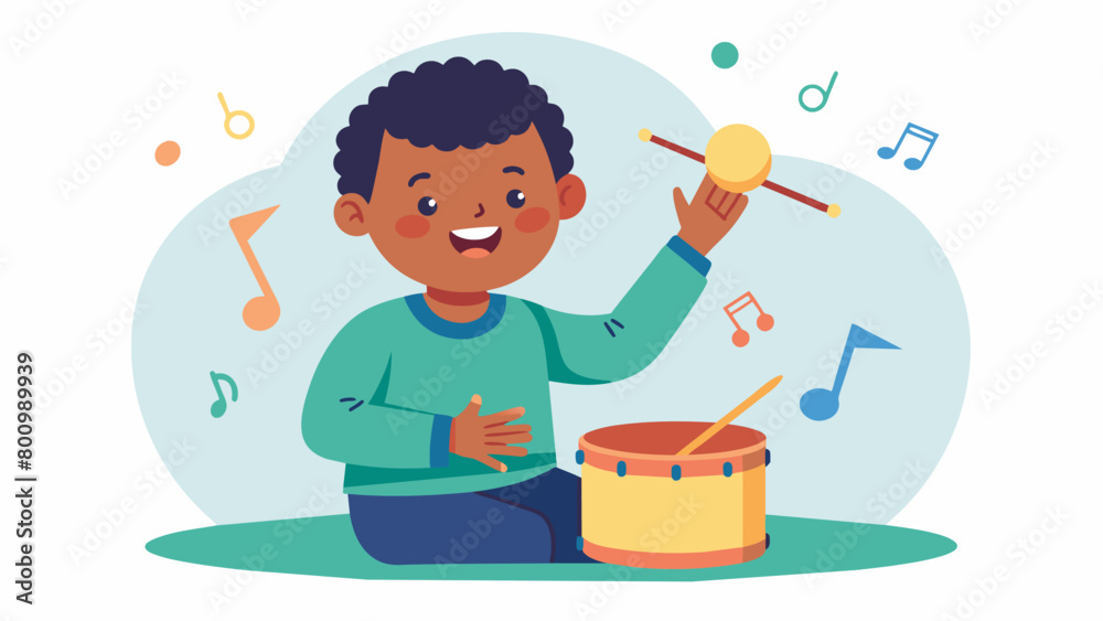 A young child with developmental delays engages in a music therapy session using a drum to express their emotions and improve their motor skills.. A young child with developmental delays engages in a music therapy session using a drum to express their emotions and improve their motor skills..