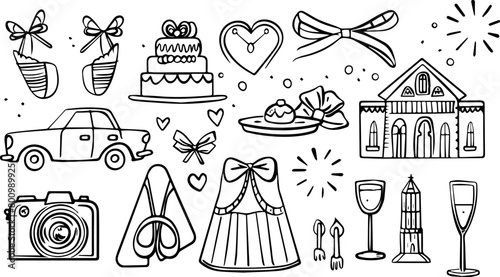 set of wedding icons, minimalistic vector line art on white background