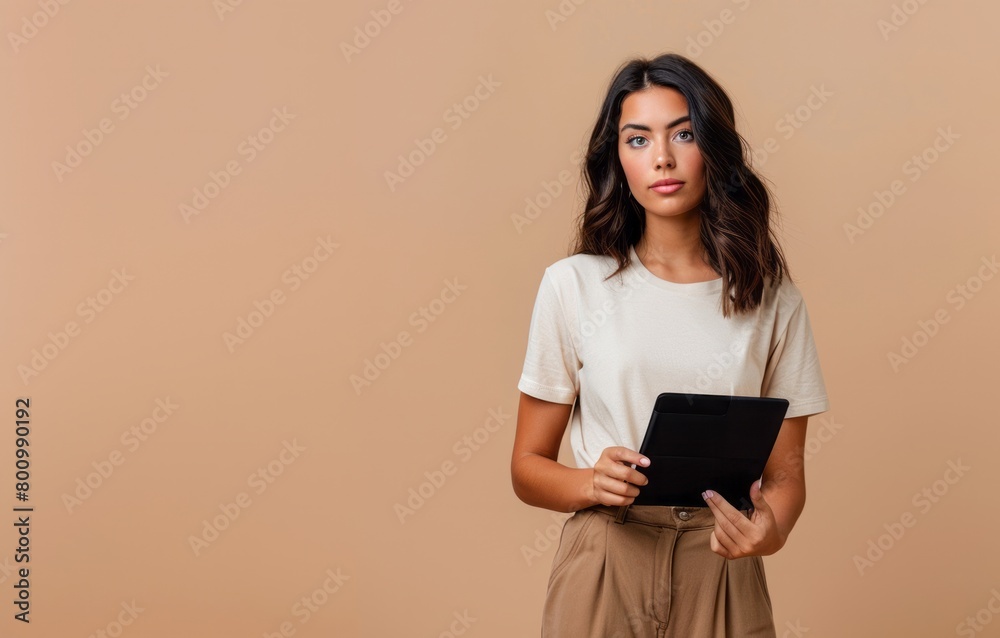 Brunette nice lady hold tablet isolated on brown background Brunette nice lady hold tablet isolated on brown background