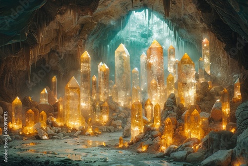 Underground cave filled with glowing crystals and ancient ruins, AI Generative