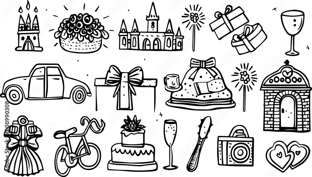 Obraz premium set of wedding icons, minimalistic vector line art on white background