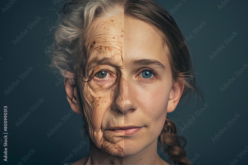 Aging face transformation through aging process visualization, collagen boost skincare methods, and skin aging awareness.
