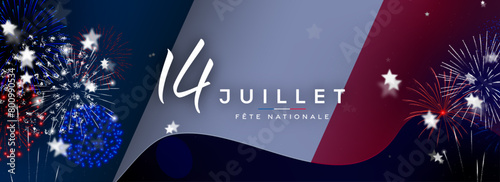 14 juillet, bannière avec feu d'artifice et drapeau français