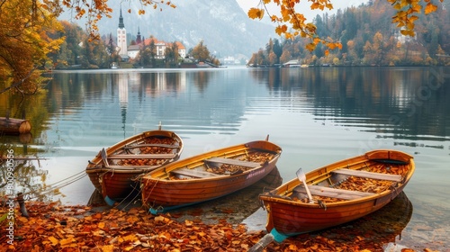 Amazing lake view, empty wooden boats on water, yellow trees and mountain in the background, Bled lake in Slovenia © Elvin