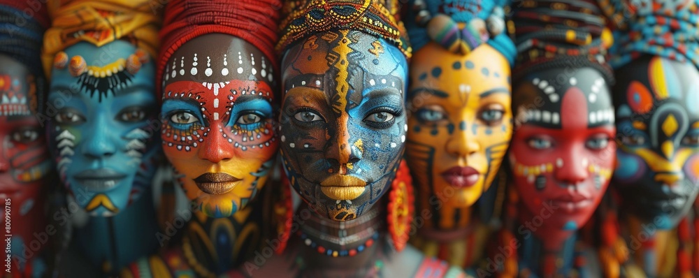 Fototapeta premium Visualize a diverse group of avatars from virtual communities merging into a vibrant cultural mosaic Use bold colors and intricate details to portray a harmonious blend of traditions