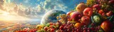 Photo of a cornucopia of fruits and vegetables with the Earth in the background.