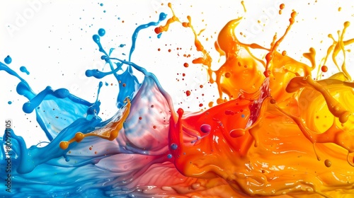 Dynamic splash of blue and orange paint creating a vibrant abstract art on white background