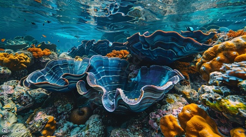 A mesmerizing image of colossal "Giant Clams" in their natural habitat, nestled among a coral garden, their massive shells providing shelter and habitat for various marine organisms,