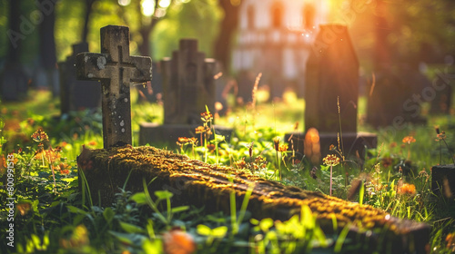 a grave with a cross on the grass photo