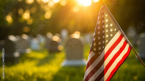 A flag is displayed in front of a cemetery