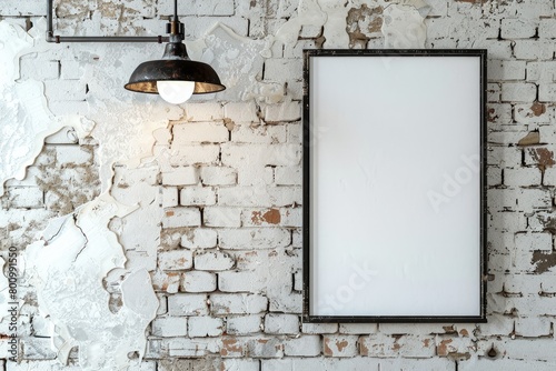 A single blank frame is mounted on a whitewashed brick wall in an industrial-style living room