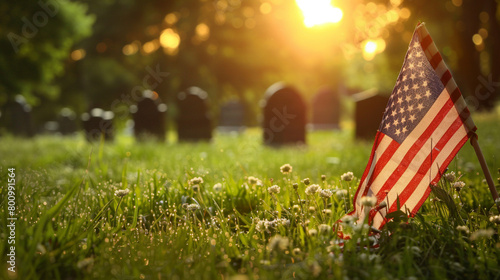 an american flag in a cemetery with a sun setting behind them